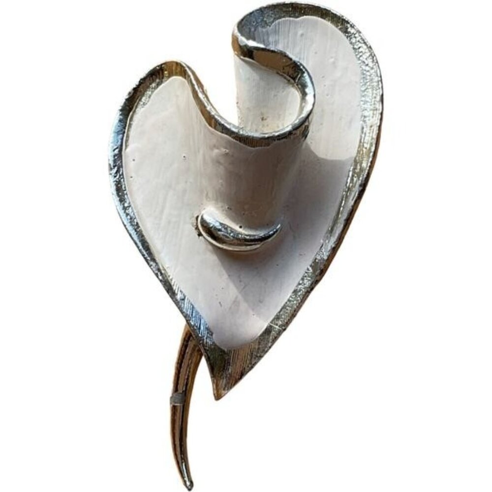 Vintage Coro Silver Tone White Enamel Heart Leaf Brooch Pin